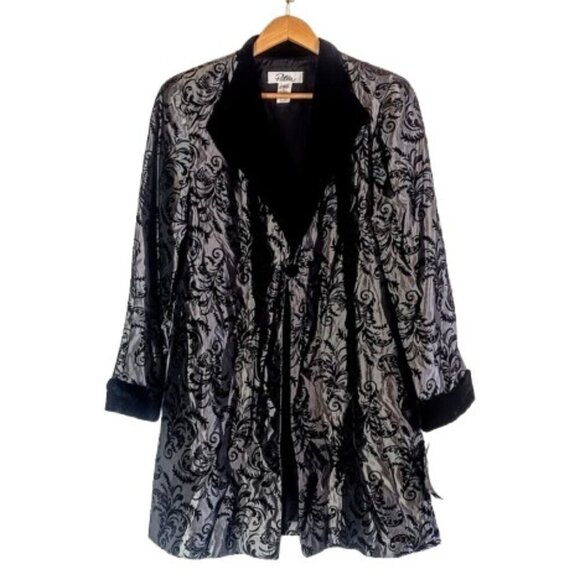 Patra Black Velvet Flocked Taffeta Knee-Length Coat NWT